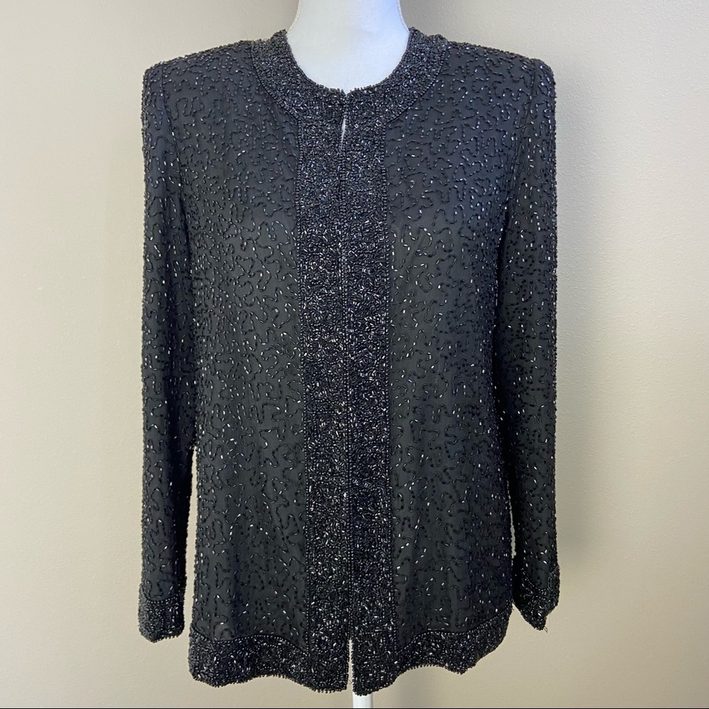 Laurence Kazar Black Beaded Jacket Top Small Fancy Holiday Sparkles Festival